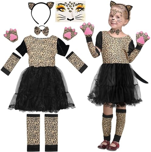 Meemion 10 Pezzi Costume Leopardo per Bambina, Costumi Animali Bambini con Leopardo Cerchietto e Scaldamuscoli, Ragazze leopardo Costumi di Carnevale, per Carnevale Halloween Party Cosplay