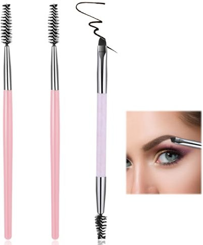 cobee 3 Stück Wimpernbürste Augenbrauen Pinsel, Multifunktion Augenbrauenbürste mit langer Griff Wimpernkamm Augenbrauenpinsel Augenbrauen Kamm zum Modifizieren(Rosa+Weiß)