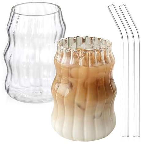 DENUOTOP Juego de 2 vasos con pajita de cristal, vasos de agua de 530 ml, vasos de burbujas para café helado, latte macchiato, vasos de matcha mojito, aptos para lavavajillas