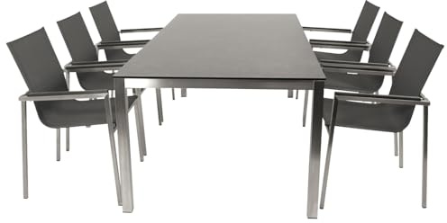 DEGAMO Gartengarnitur Melbourne 7-teilig Edelstahl (6X Stapelsessel Kunstgewebe grau und 1x Tisch in Keramikoptik 200x100cm), Outdoor wetterfest