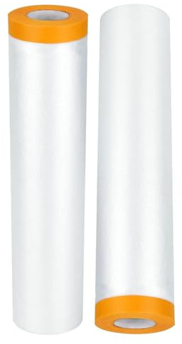 2 Rolls 2.7M x 20M Dust Sheet Rolls,Masking Film Rolls with Self-Adhesive Tape,Plastic Dust Sheet,Drop Film Pre-Taped Masking Film for Painting Decorating Covering