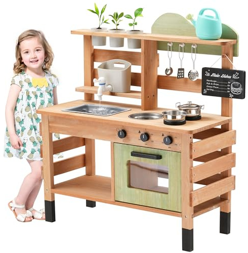 OLLIKIVI Outdoor Play Kitchen for Kids | Wooden Mud Kitchen Set with Removable Sink, Planting Area, Oven, Stove, Dual-Sided Chalkboard & Storage | Backyard Pretend Toy | Ages 3+