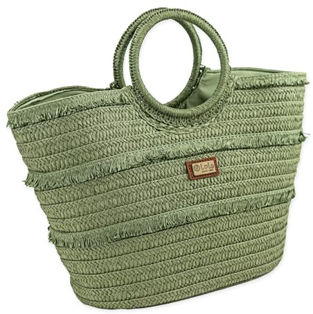 Lois - Bolso Capazo Rafia Mujer Para Playa Ideal Verano. Capazos Mimbre Mujer Estilo Rústico Elegante y Ligero, Verde