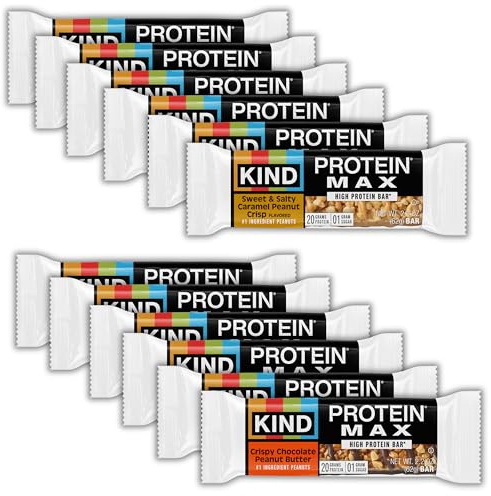KIND Protein MAX Bars Variety Pack, Gluten Free, Low Sugar, High Fiber Snacks, Sweet & Salty Caramel Peanut Crisp, Crispy Chocolate Peanut Butter, 20g Protein, 12 Count