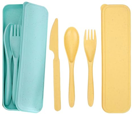JINGIHE 2 uppsättningar resebestick med fodral, campingbestick-set, återanvändbara utomhus bestick kniv sked gaffel för matlåda skola arbete picknick (blå gul)