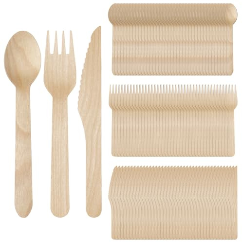 150 Stück Holzbesteck Set, Eco Besteck Holz, Birkenholz Besteck Nachhaltig | 50 Holzgabeln, 50 Holzlöffel, 50 Holzmesser, Biologisch Abbaubar, Besteck für Camping, Partys, Picknicks, Catering