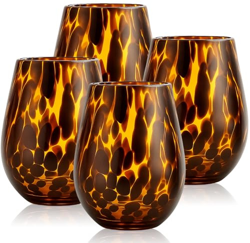 SiliFine Set of 4 Tortoise Shell Leopard Print Stemless Wine Glasses, 16oz Hand Blown Wine Glasses, Brown Glassware, Ideal Tumbler for Gin, Tequila, Gifts for Party
