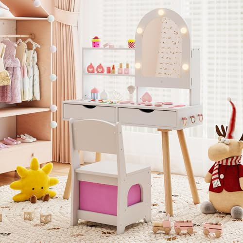 RELAX4LIFE Toeletta Trucco per Bambini con Luci, 3 Colori e Luminosità Regolabile, Set di Tavolo e Sedia con Specchio, Postazione Trucco per Bambini 3+ Anni (Bianco)