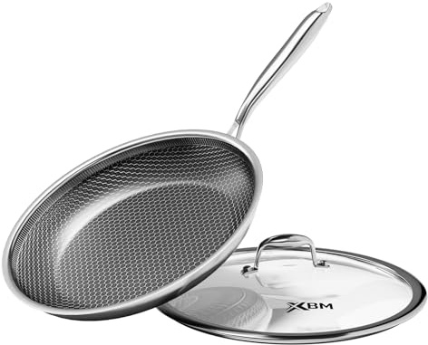 XBM Nonstick Frying Pan with Lid 12-Inch, Durable Stainless Steel Skillet, Induction Cooktop Compatible, PFOA-Free Scratch-Proof, Dishwasher & Oven Safe, Stay-Cool Handle, Silver Kitchen Cookware