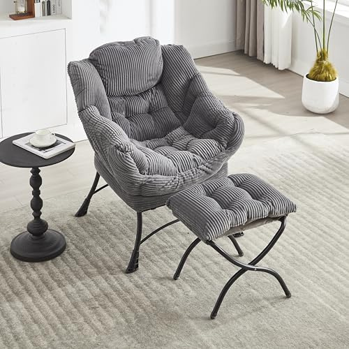 vutizal Sillón con taburete | Sillón con reposapiés y bolsillo lateral | Sillón de relax XXL para salón y dormitorio | Cómodo sillón acolchado con reposabrazos, gris