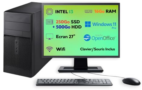 PC Tour Reconditionné Intel Core i3 3.2GHz — Écran 27 Pouces • RAM 16 Go • SSD 250 Go + HDD 500 Go • Windows 11 Pro • Wi-FI — Garantie 12 Mois