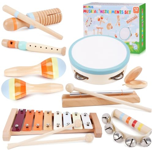 ATOYUS Wooden Musical Instruments for Toddlers 1-3 - 8Pcs Montessori Toys | Educational Toys for 1 2 3 Year Old Kids, Baby Maracas Xylophone Percussion Set, 1st Christmas Birthday Gifts for Boys Girls