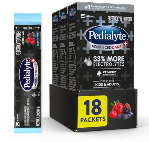 Pedialyte AdvancedCare Plus Electrolyte Powder, Has 33% More Electrolytes and PreActiv Prebiotics, Berry Frost, 18 Powder Packets