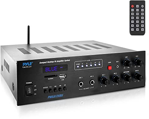 Pyle Public Address Amplifier - 500W Compact Digital Receiver w/ 70V 100V Output, Dual Mic Input, USB-A Input w/ MP3 Player, FM Radio, RCA | Home, Continuous Volume and Commercial | PMSA126BU