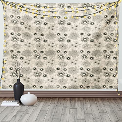 ABAKUHAUS Dahlia Tapestry, Vintage Style Garden Flower Sketches of Dahlia and Chrysanth Bishop of Llandaff, Fabric Wall Hanging Decor for Bedroom Living Room Dorm, 90 W X 54 L, Black Beige