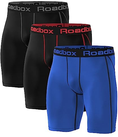 Roadbox 3er Pack Herren Kompressionsshorts, Laufhose Herren Kurz Schnelltrocknendes Baselayer Short Tights Kurz Hose XL 3er Pack: Schwarz, Schwarz (Roter Streifen), Blau