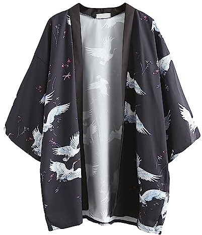 Japanische Kimono Jacke Robe - Traditionelle Klassische Haori Kleidung Tokio Harajuku Antike Stile Floral Geblümte Lockere Jacke Robe Kostüm Bademantel Nachtwäsche für Frauen Männer Mädchen (Schwarz)