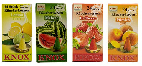 KNOX Rökelseljus set om 4 sommarfrukter storlek M 96 stycken tillverkade i | Rökelsekoner i citron, melon, jordgubbar och persika – 4 x 24 stycken – för rökelsemän, rökelsefigurer och rökelsehus