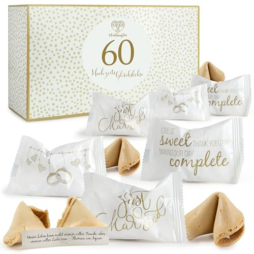 WeddingTree Glückskekse Hochzeit 60 Stück, Vanille, Made in Germany | 60 einzeln verpackte Kekse mit deutschen Sprüchen zur Liebe, vegan, 360 g, für Hochzeit, Verlobung, Taufe und Kommunion