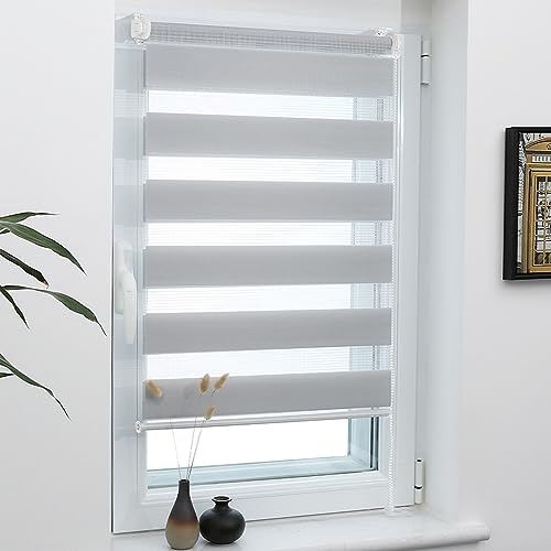 Grandekor Doppelrollo Klemmfix ohne Bohren Hellgrau 40x120cm(Stoffbreite 36cm) Fenster Rollos für innen Klemmrollos Duo Rollos für Fenster ohne Bohren mit Bohren Privatschutz UV-Schutz Zebrarollo