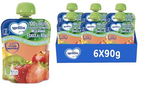Mellin Merenda, Frutta Mista, Mela, Banana, Fragola e Kiwi, 6x90g