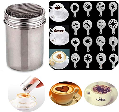 1 x Schokoladenstreuer / Kaffeestreuer / Puderzucker / Kakao, Mehlsieb mit 16 Formen, Schablonen und Druckformen für selbstgemachte Cappuccino-Kaffee.