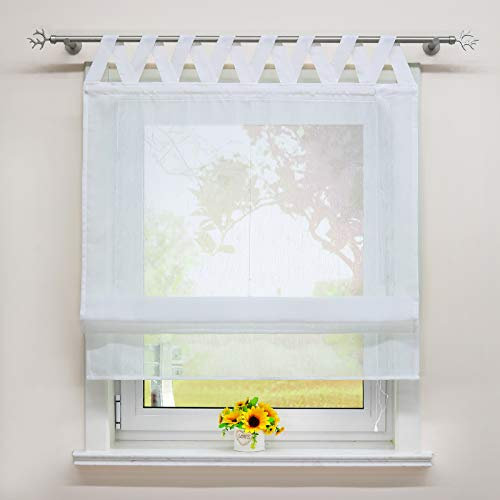 SCHOAL Raffrollo mit Schlaufen Halbtransparente Raffgardine Schlaufenrollo Gardinen Landhaus Leinen 1 Stück BxH 120x140cm Weiß #4