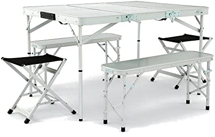 Hi-Gear Elite Picnic Table Set with Table, 2 Benches & 2 Stools, Lightweight, Folding, Easy to Assemble, Ideal for Camping, Festivals, Picnics, the Beach & Garden, includes Carry Bag, Silver