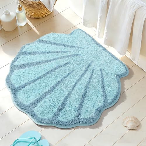 UNIBATH Seashell Bathroom Rugs and Mat Cute Beach Bath Mat for Cartoon Sea Bathroom Decor Aqua Blue Bath Rugs Plush Non-Slip Foot Mat Absorbent Bathtub Rug Washable