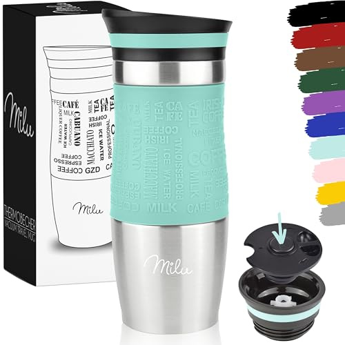 Milu Thermobecher Kaffee to go 370ml, 450ml Isolierbecher Kaffeebecher - 100% Auslaufsicher - Trinkbecher aus Edelstahl - Autobecher doppelwand Isolierung - Travel Mug (Türkis, 370ml)