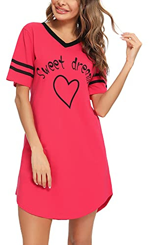 Litherday Camicia da Notte Donna Cotone Estiva Pigiama Donna Manica Corta con Scollo a V e Stampa Cuore Camicia Notte Casual Comoda e Traspirante Cremisi XL