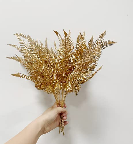 Rikyo 4 Bunches Gold Boston Fern Bush Plant,14 Tropical Greenery Bush Embellishing Holiday Florals,Indoor Outside Party for Flower,Christmas Flower Wreaths,Wedding Backdrop Arch Wall (Gold-1)