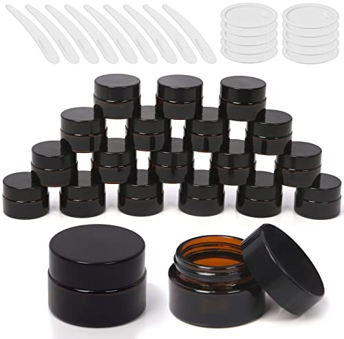 Wokape 20-pack 15 ml bärnstensfärgade glasburkar med foderlock spatlar, runda resebehållare för salvor lotion krämer provpaket