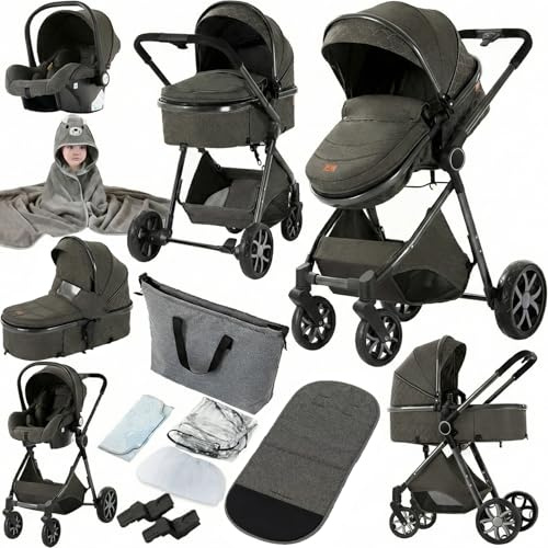 Prokoke Kinderwagen 3 in 1, Buggy mit Umkehrbarem Zwei-Wege-Schub, Kinderwagen Rahmen Aluminiumlegierung, Kombikinderwagen 3 in 1 Einem Klick Faltbar Baby Kleinkind Neugeborene (225 Deep Grey)