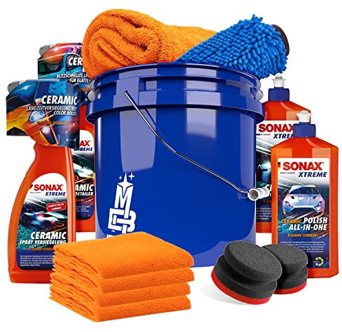 detailmate Ceramic Car Care Bundle - SONAX XTREME Ceramic Set: Shampoo, Politur, Versiegelung & Detailer + Magic Bucket Wascheimer 3,5 GAL + Mikrofaser Zubehör
