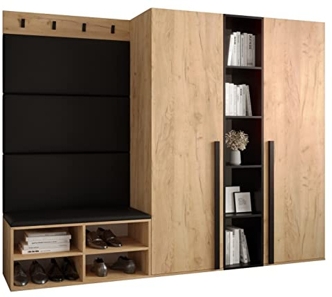 MEBLE KRYSPOL Garderobe MIRO Set 8 mit gepolsterten Paneelen Modern Design (schwarzes Öko-Leder, Eiche Kraft Gold + Schwarz Matt)