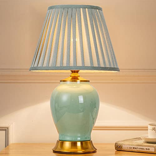Mengjay Keramik Tischlampe Tischleuchte Nachttischlampe,Nachttisch Lichtdekoration Schreibtischleuchten,Stoff Lampenschirm Schlafzimmer Tischleuchte Beleuchtung,Leselampe (Grün)
