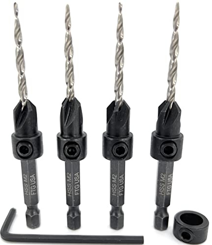FTG USA Countersink Drill Bit Set 4 Pc #6 (9/64) Countersink Drill Bit with Tapered Drill Bit, Quick Change Hex Shank Countersink Bit, 1 Depth Stop, 1 Hex Wrench, Counter Sink Drill Bit for Wood | Convenient 4-pack of identical tapered bits for woodworking. Includes an adjustable 3/8 inch depth stop collar