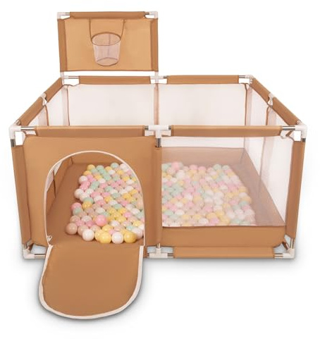 Selonis Laufstall Mit Korb Und 100 Bälle Laufgitter Für Kinder, Beige:Pastellbeige/Pastellgelb/Weiß/Minze/Puderrosa