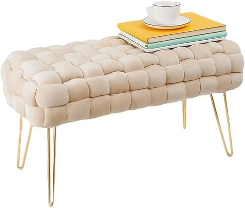 Madera Nieve Banco de cosmética Moderno de Terciopelo, otomano Rectangular con Patas de Metal Dorado, Taburete Acolchado, Asiento de Tejido Terciopelo (Beige, 38P x 70An x 41.5Al cm)
