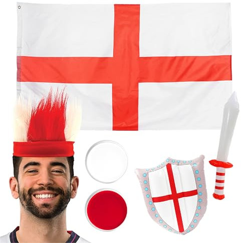England Supporters Set - 5ft X 3ft England Flag, Headband With Hair, Inflatable Sword and Shield, Red & White Face Paint - Perfect for English Celebrations, Football, Rugby and St George's Day