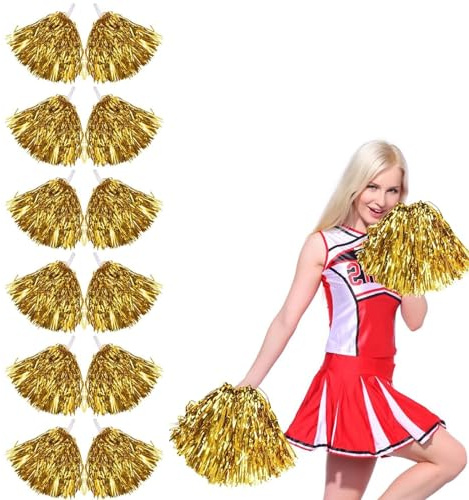 Mrracxy Pompones de Animadora, 12 Piezas Cheer Leader Poms Animadora Poms, Cheerleading Pom Poms Metallic Cheers Bola de Flores con Mango, para Competición Deportiva, Celebración Navideña