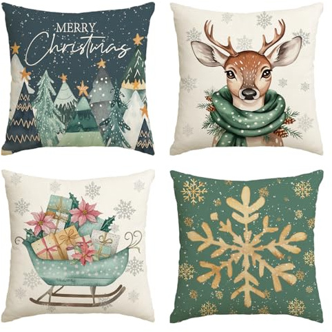Artoid Mode Bäume Rentier Schlitten Schneeflocken Frohe Weihnachten Kissenbezüge 4er Set, 40x40 cm Christmas Zierkissenbezug Cushion Cover Couch Deko