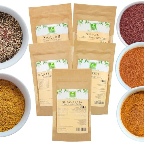 Ras El Hanout, Shawarma, Zatar, Sumach, Harissa, 5er Pack von Green Essence | Marokkanische & Arabische aromatische Gewürze, natürlichen Gewürzmischungen für orientalische Gerichte, Gewürzset Küche
