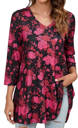 Enmain Dam T-shirt Långärmad Tunika Dam 3/4 Ärmar V-ringning Lång Tröja för Leggings Elegant Tryckt Paisley Tunika Plus Size Comfort Skjorta Dam, Röd & svart blommig, XXL
