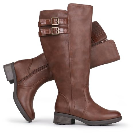 Chicblooms Stivali da donna con polpaccio extra largo, tacco a blocco, fibbia impilata, elastico nascosto, al ginocchio, marrone, 38 EU