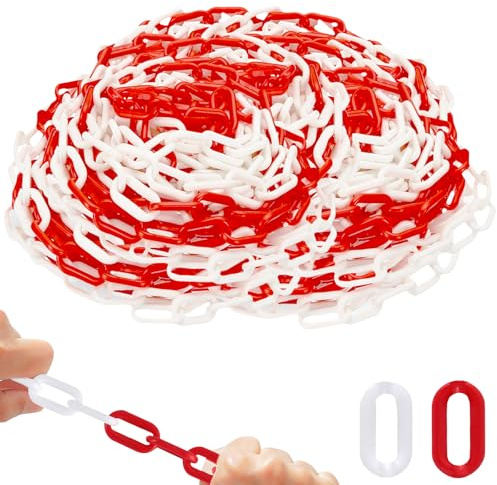 GOEDCH 25m Absperrkette aus Kunststoff: Rot Weiß Kunststoff Kette Absperrung, 6mm Stärke Kunststoffkette Warnkette, Parkplatz Absperrung Kunststoffkette, für Auffahrten, Arbeitsplätzen und Garagen
