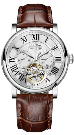 GLENAW Reloj automático Tourbillon vintage para hombre, correa de cuero negro, esfera romana esqueleto, calendario de día, fecha, resistente al agua hasta 30 ATM, manecillas luminosas, reloj clásico y