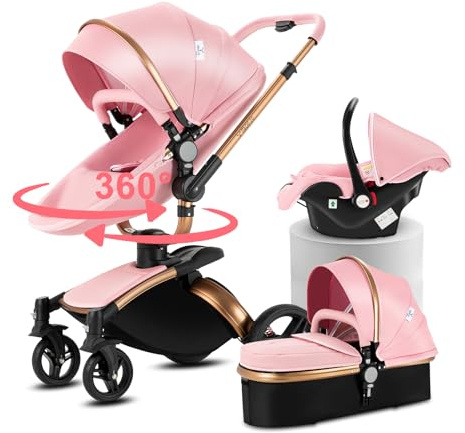 Doraystar 360° Drehung PU-Leder Kinderwagen 3 in 1, Kombikinderwagen 3 in 1 mit Zwei Umkehrbaren Schiebemodi, Kinderwagen Komplettset mit Ein-Klick-Faltdesign, Rahmen Aluminiumlegierung (906 Pink)