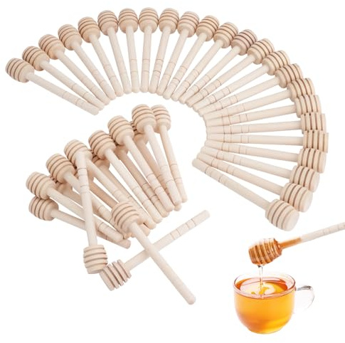 JIABEIUS 50 Pcs Honey Dipper Sticks, 4 Inch Mini Wooden Honeycomb Stick | Small Honey Stirrer Stick for Honeys Jar Dispense Drizzle and Wedding Party Gift